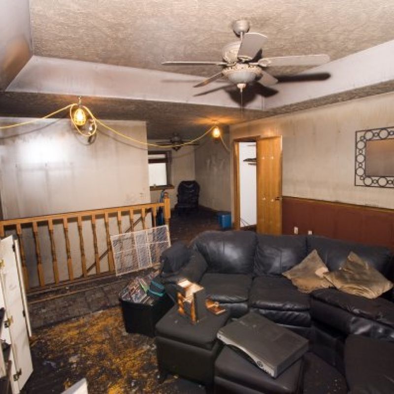 Fire damaged this family room and den